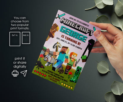 Minecraft Gamer customizable invitation template | Share or Print | IZ726