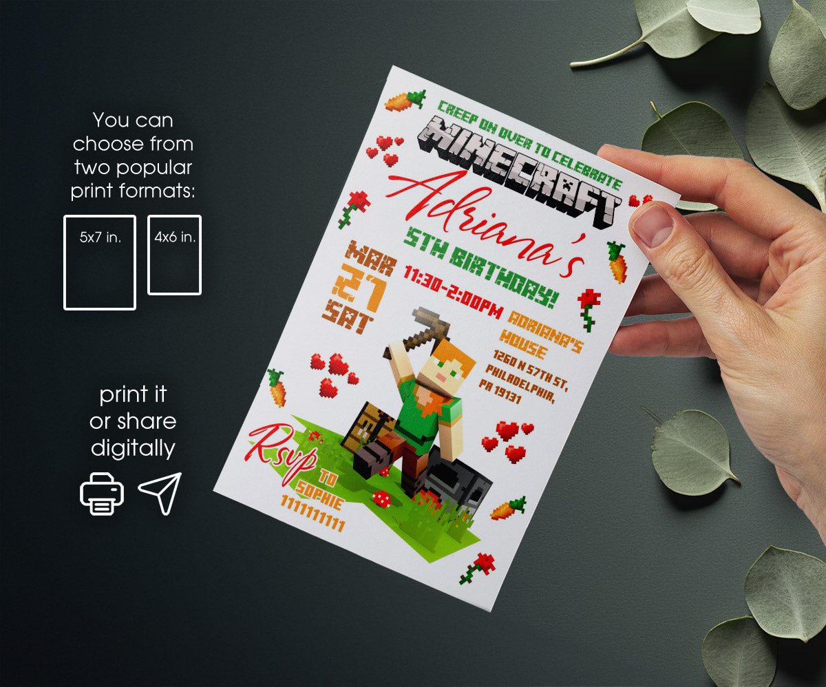 Minecraft Gamer customizable invitation template | Share or Print | JE382