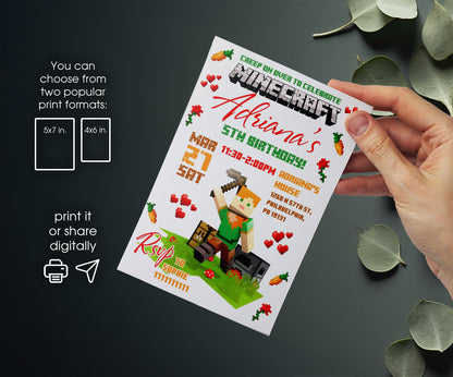 Minecraft Gamer customizable invitation template | Share or Print | JE382