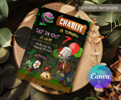 Plants vs Zombies Gamer customizable invitation template | Share or Print | HC314