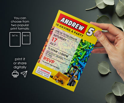 Lego Excavator customizable invitation template | Share or Print | boy | MG097