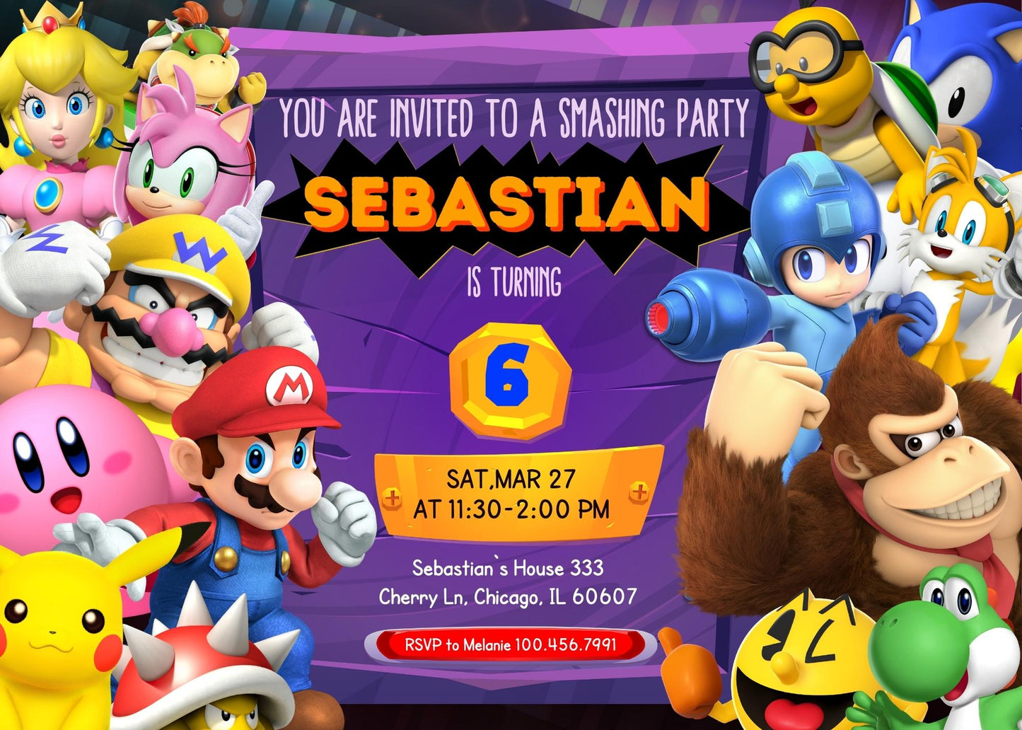 Super Smash Mario Bros customizable invitation template | Share or Print | DH608