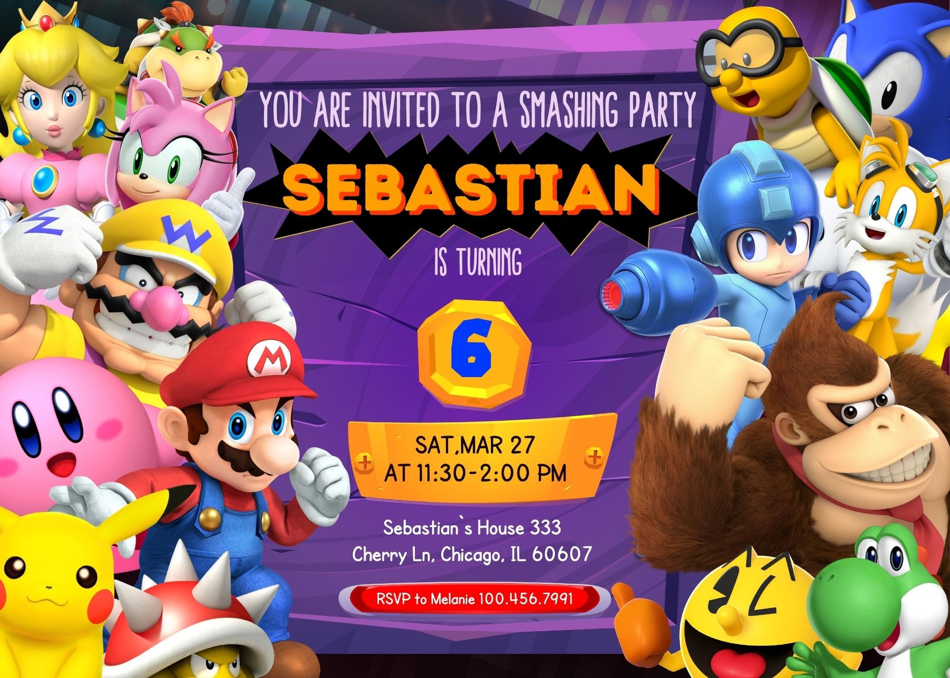 Super Smash Mario Bros customizable invitation template | Share or Print | DH608