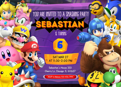 Super Smash Mario Bros customizable invitation template | Share or Print | DH608