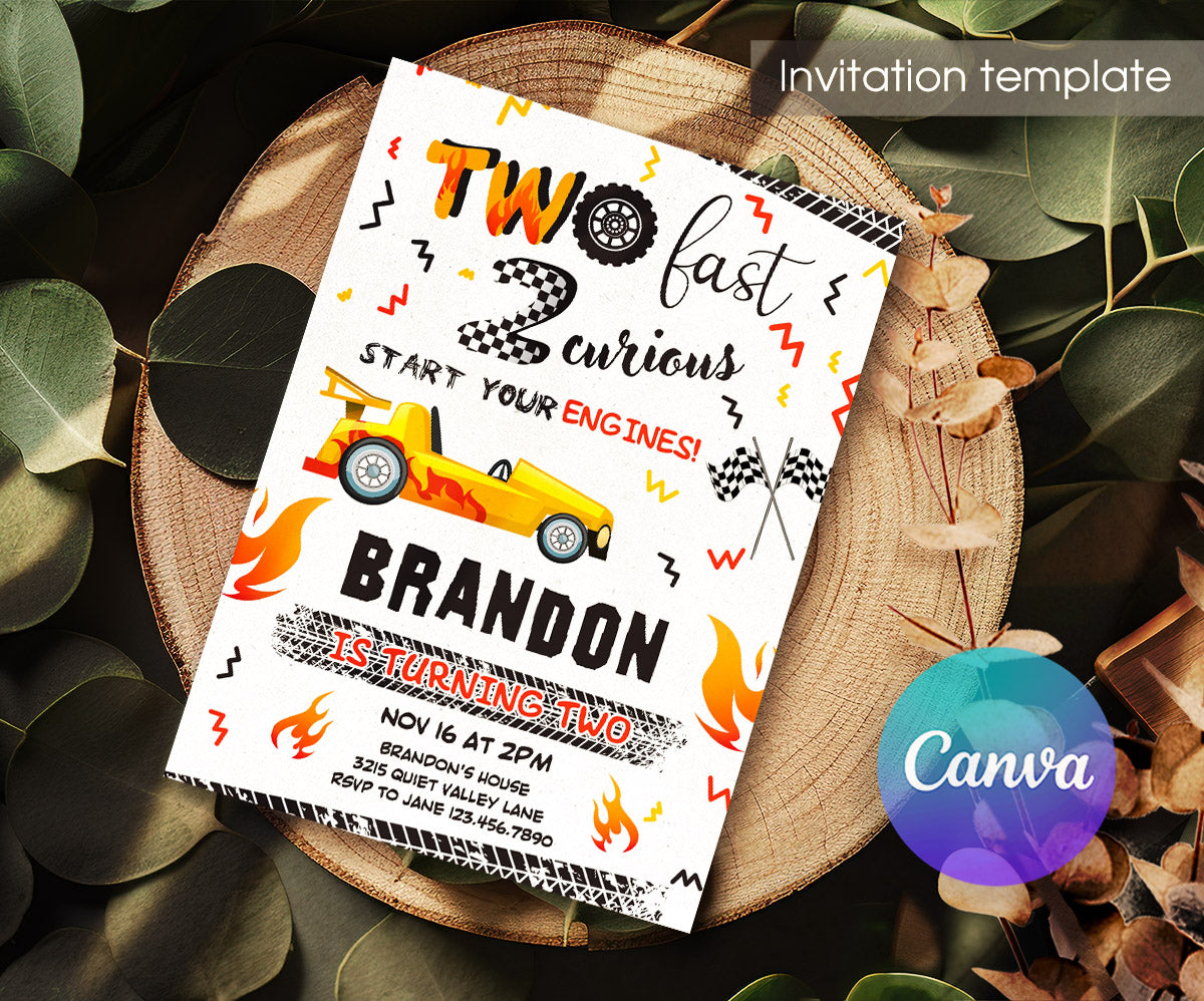 Race Car 2nd Bday Watercolor customizable invitation template | Share or Print | boy | JH231