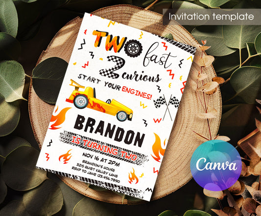 Race Car 2nd Bday Watercolor customizable invitation template | Share or Print | boy | JH231