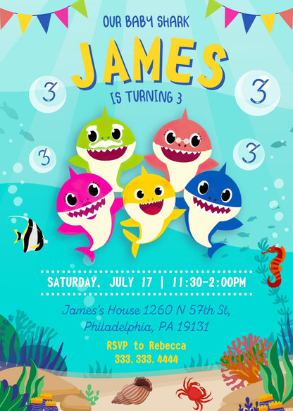 Baby Shark customizable invitation template | Share or Print | XJ447