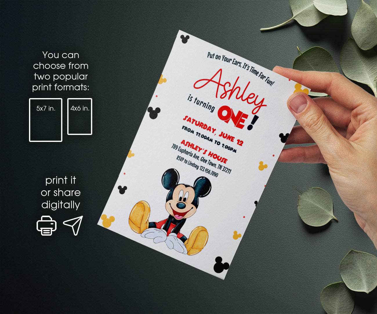 Mickey Mouse 1st Birthday customizable invitation template | Share or Print | WR965