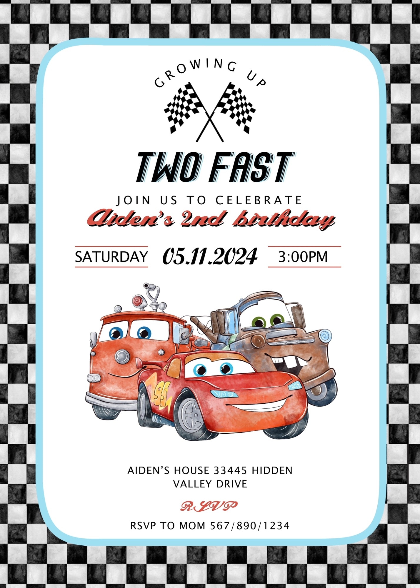Cars Lightning Mcqueen Two customizable invitation template | Share or Print | boy | DJ749