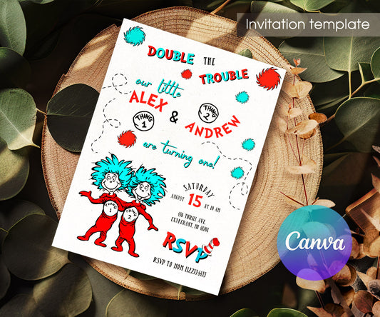 Dr Seuss The Cat in the Hat Twins customizable invitation template | Share or Print | SB665