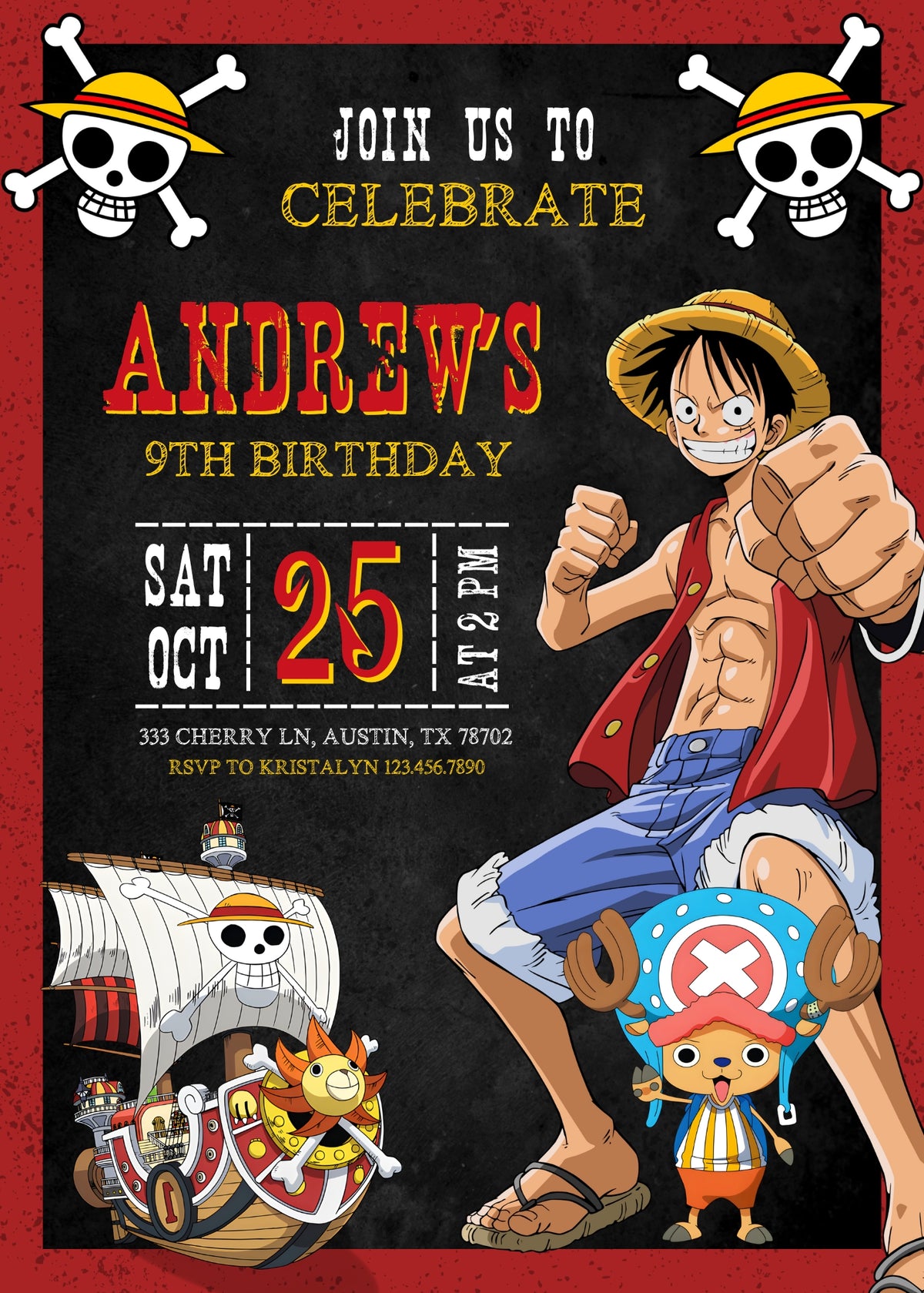 One Piece Monkey D.Luffy Anime customizable invitation template | Share or Print | JM298