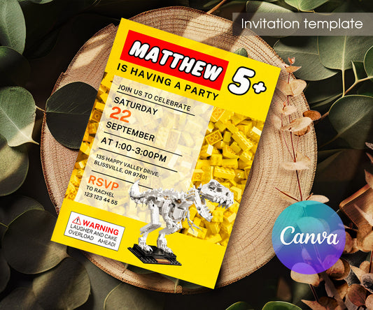 Lego Dinosaur T-Rex customizable invitation template | Share or Print | WE614