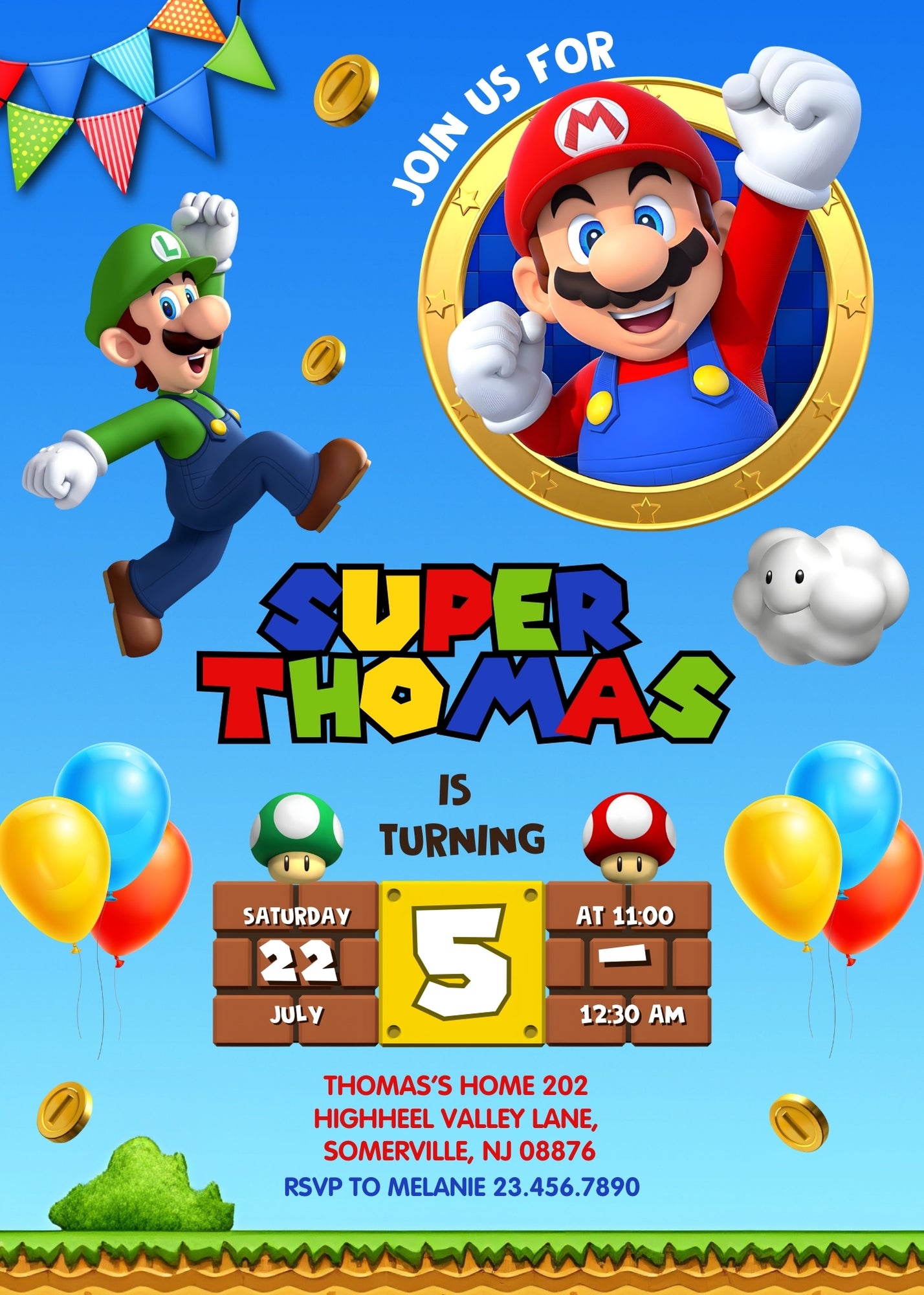 Super Mario Bros customizable invitation template | Share or Print | NT784