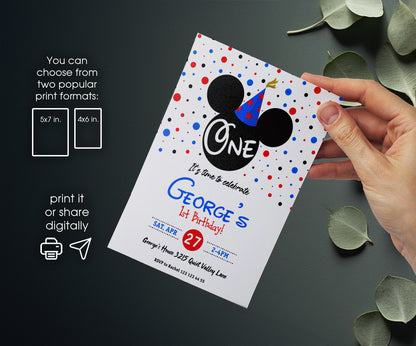Mickey Mouse 1st Birthday customizable invitation template | Share or Print | MN423