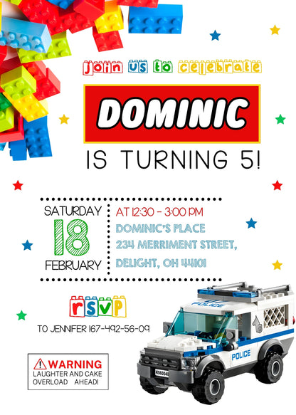 Lego Police Car customizable invitation template | Share or Print | boy | ZT770