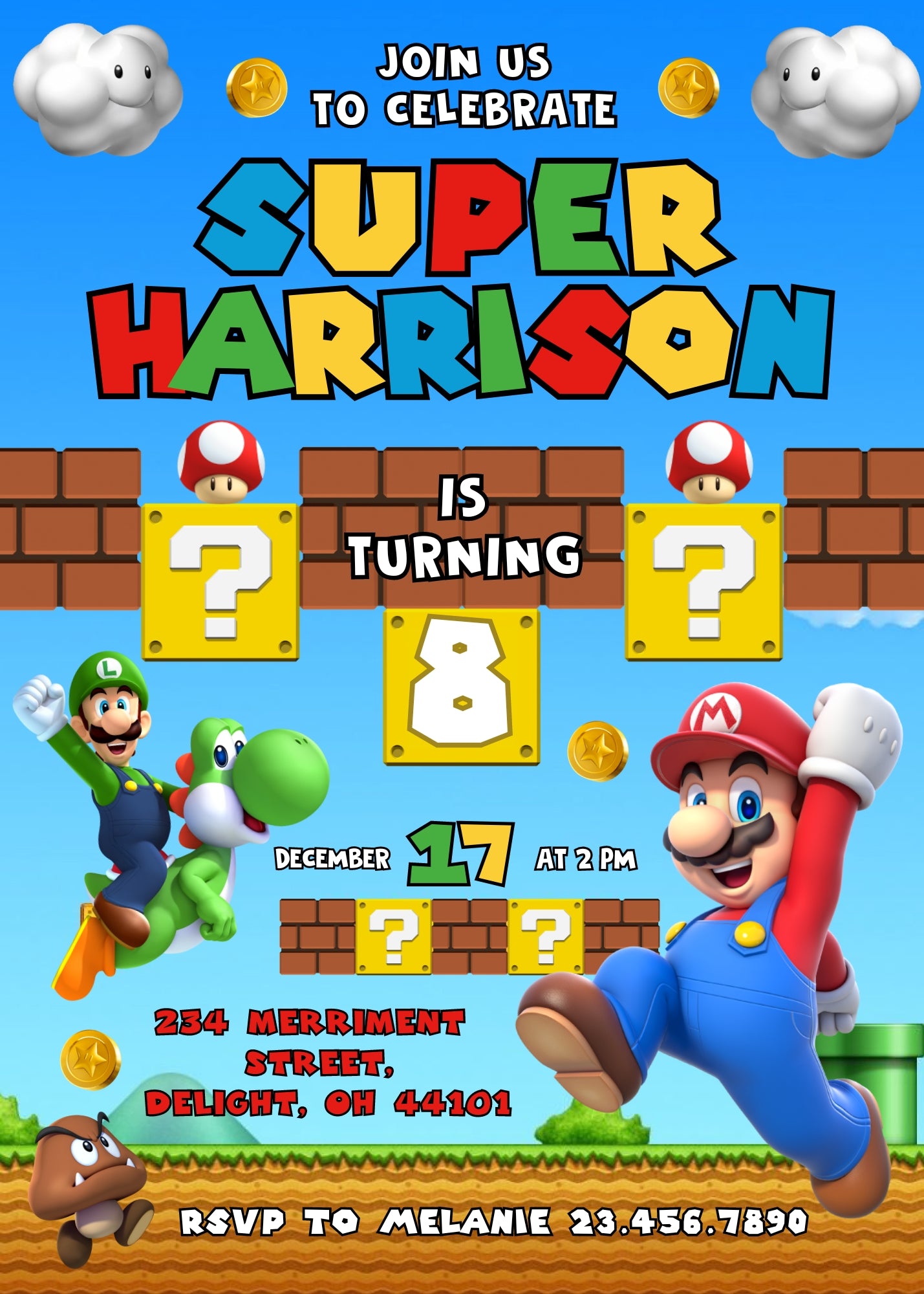 Super Mario Bros customizable invitation template | Share or Print | IT762