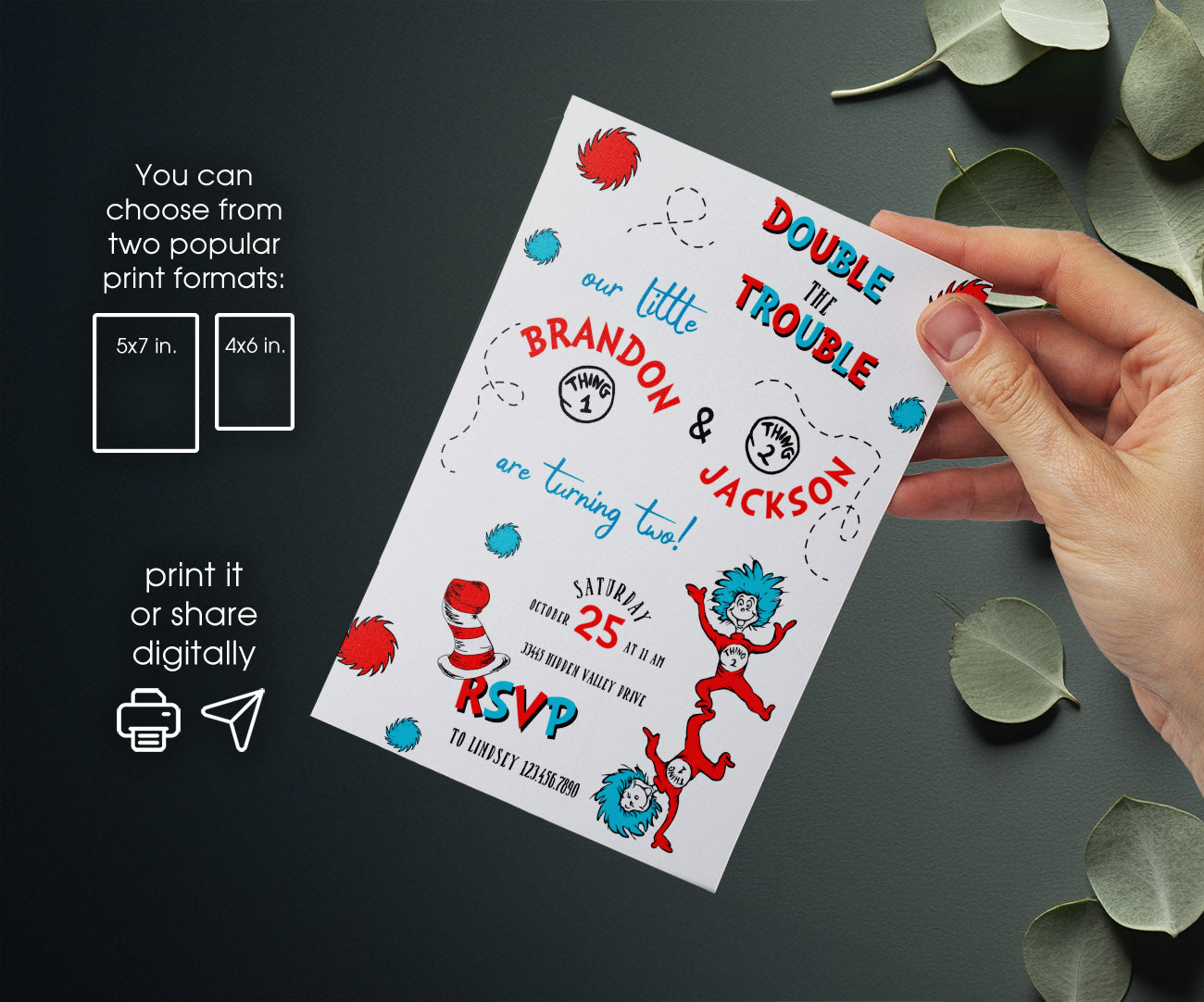 Dr Seuss The Cat in the Hat Twins customizable invitation template | Share or Print | RX346