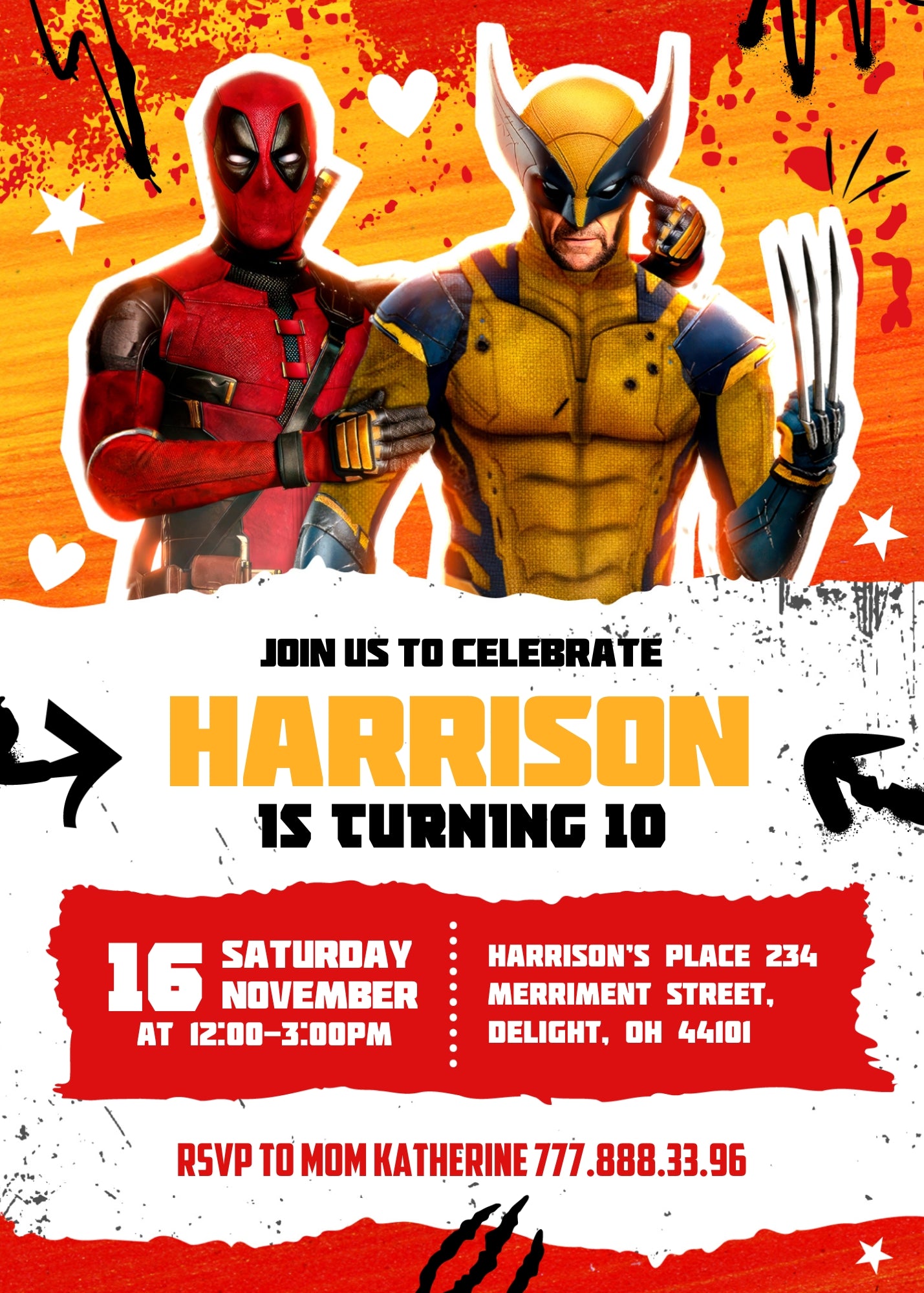 Deadpool Wolverine Marvel customizable invitation template | Share or Print | boy | PA259