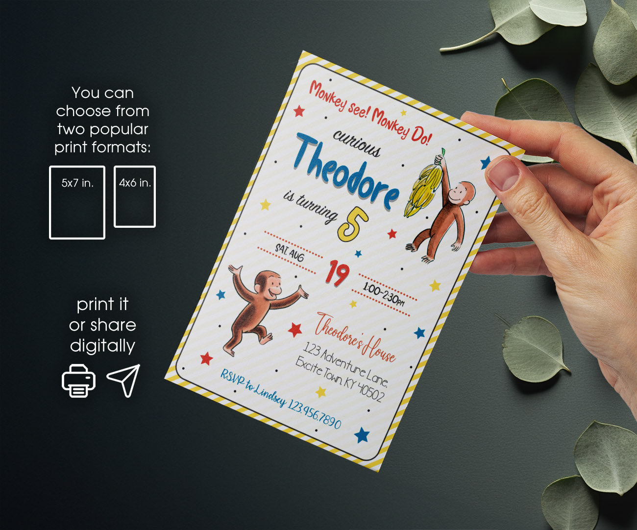 Curious George Monkey customizable invitation template | Share or Print | NB679