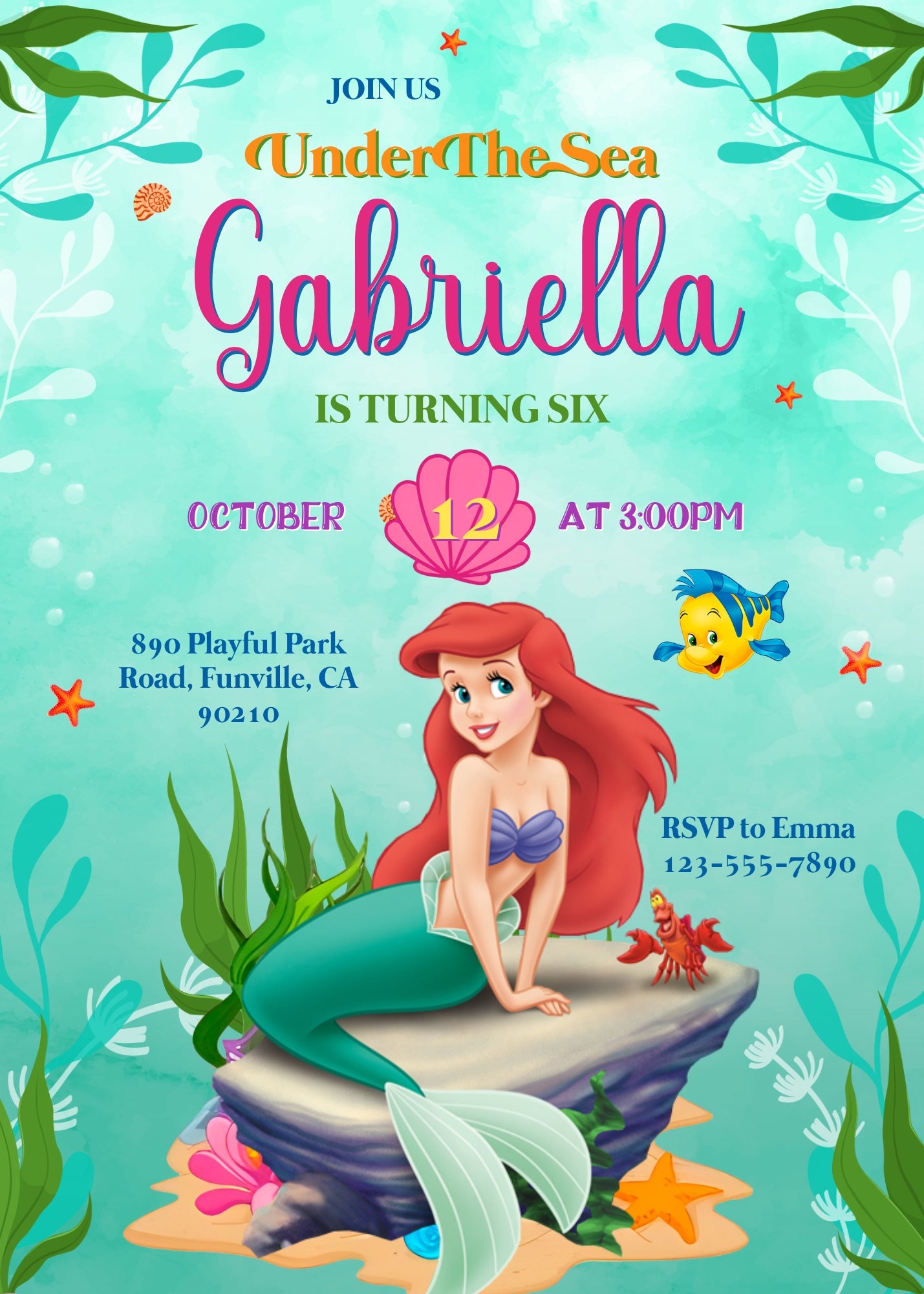 Ariel The Little Mermaid customizable invitation template | Share or Print | girl | UE444