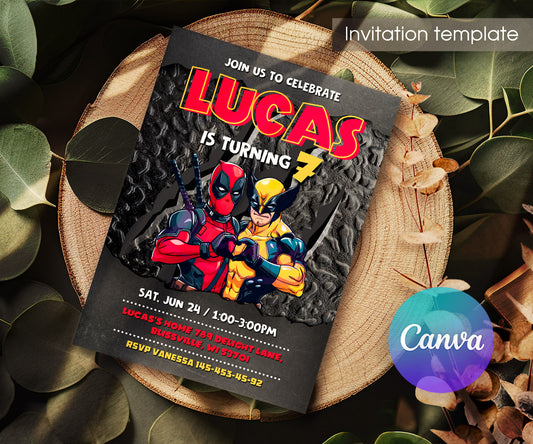 Deadpool Wolverine Marvel customizable invitation template | Share or Print | boy | HX444