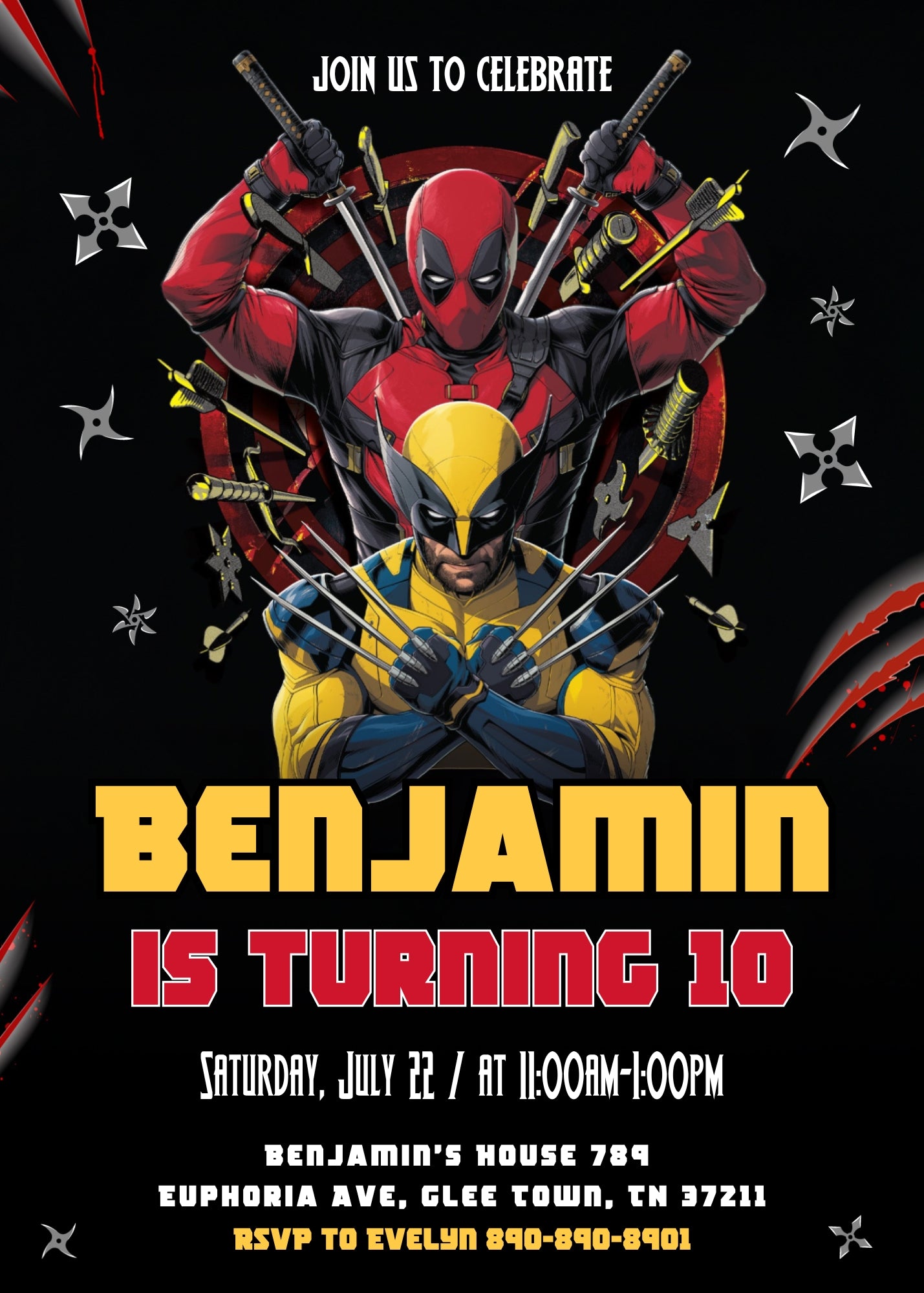 Deadpool Wolverine Marvel customizable invitation template | Share or Print | boy | WD837