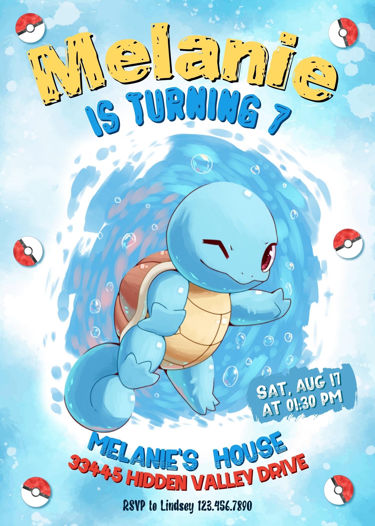 Squirtle Pokemon Anime customizable invitation template | Share or Print | XJ683