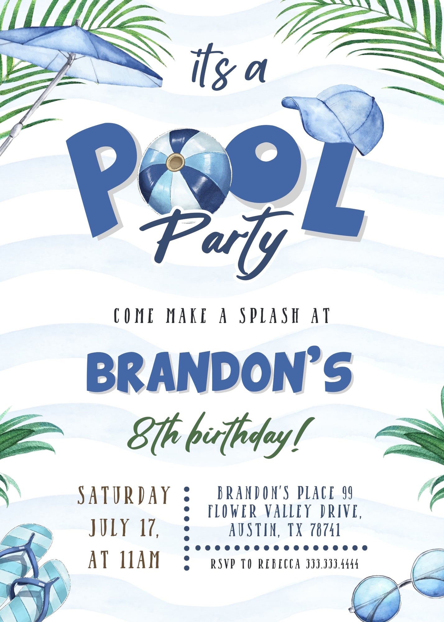 Pool Party customizable invitation template | Share or Print | boy | AH779