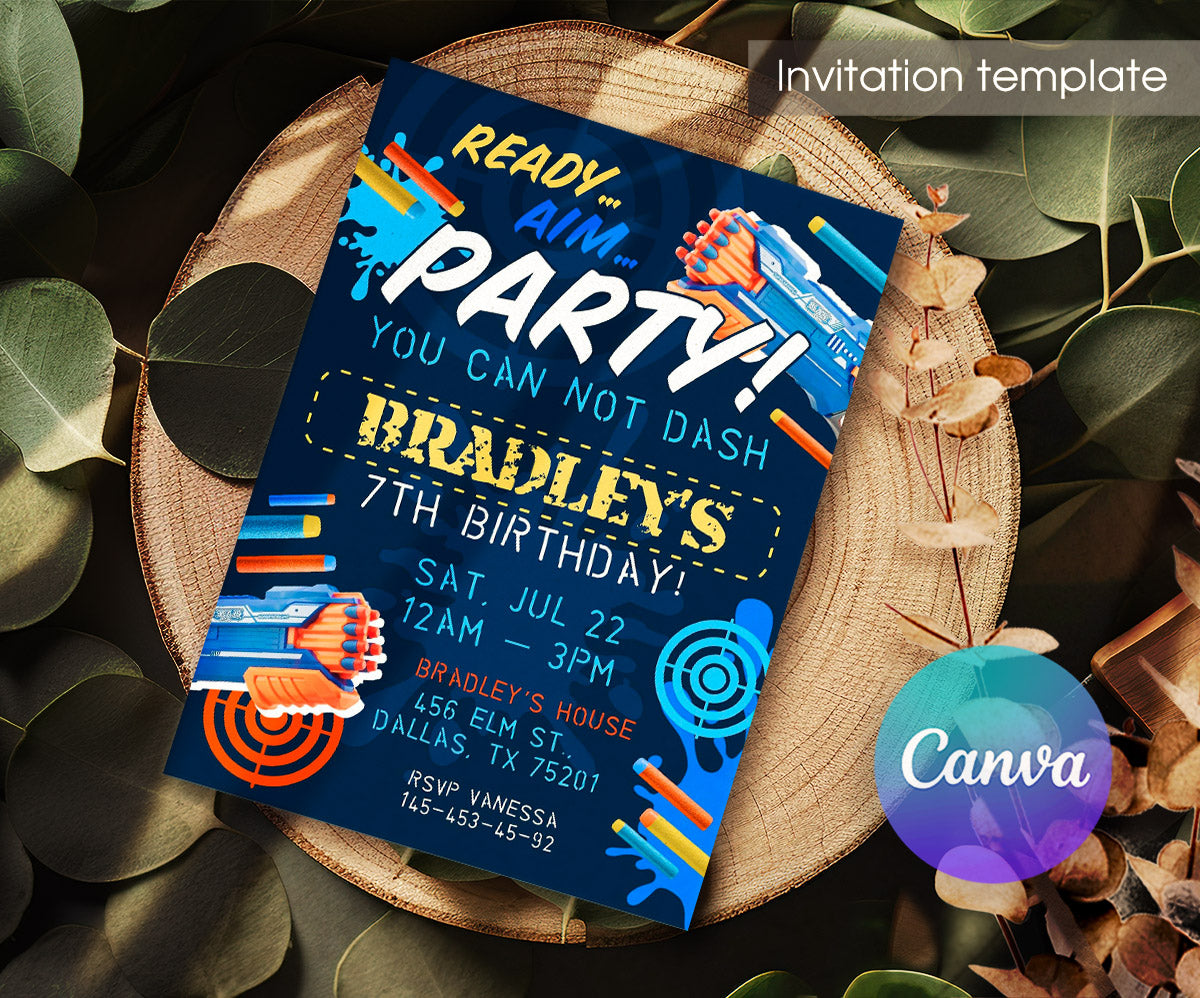 Dart Gun NERF Blaster customizable invitation template | Share or Print | boy | RV856
