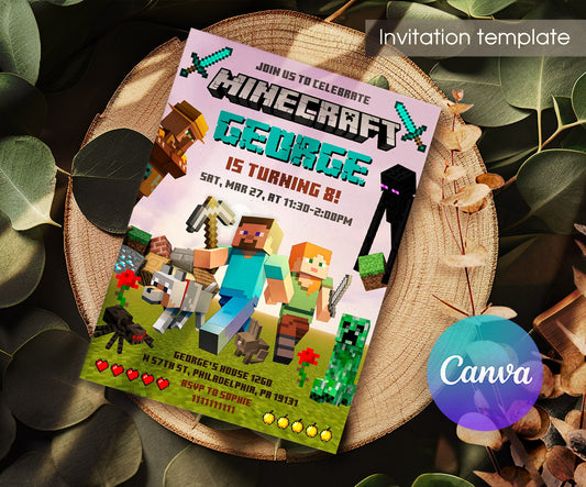 Minecraft Gamer customizable invitation template | Share or Print | IZ726