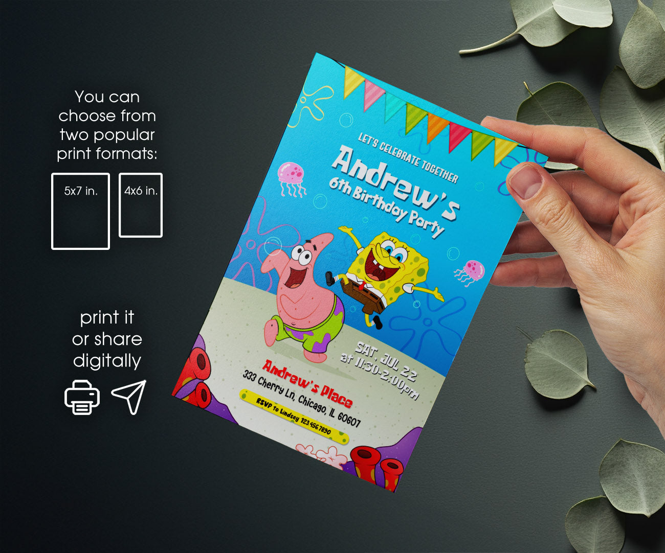 SpongeBob SquarePant customizable invitation template | Share or Print | HS407