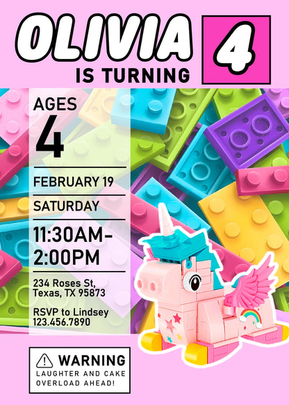 Lego Magical Unicorn customizable invitation template | Share or Print | girl | CT556
