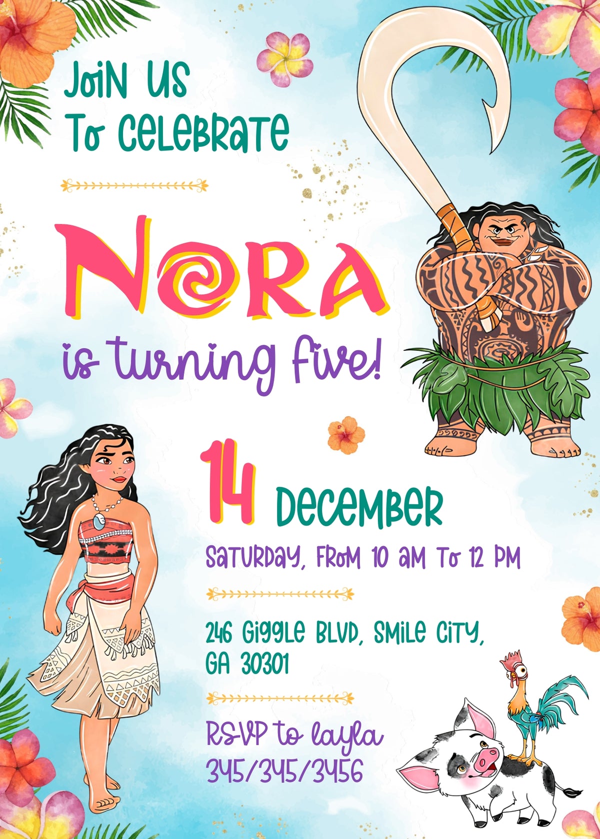 Moana Princess customizable invitation template | Share or Print | girl | VQ461