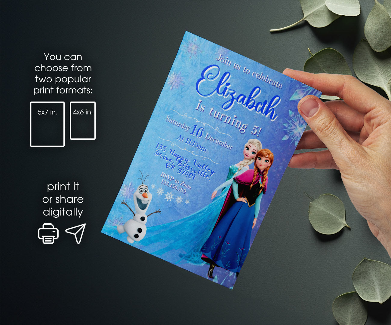 Frozen Elsa customizable invitation template | Share or Print | girl | TI824