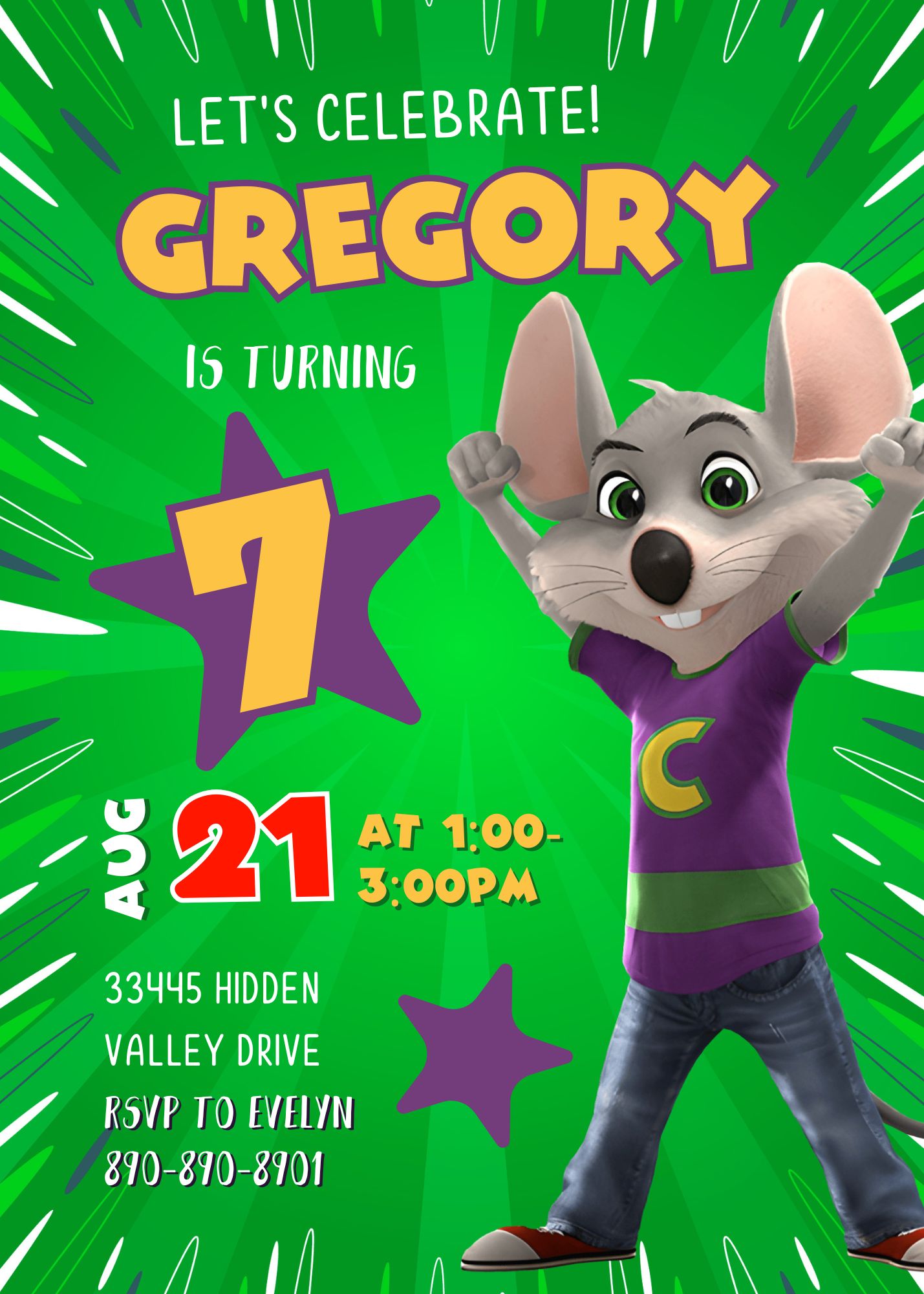 Chuck E. Cheese customizable invitation template | Share or Print | NW665