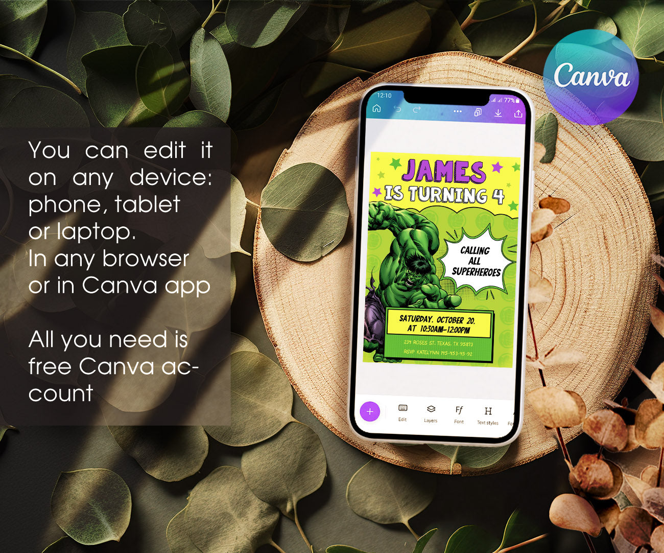 Hulk The Avengers Marvel Superhero customizable invitation template | Share or Print | boy | FA630