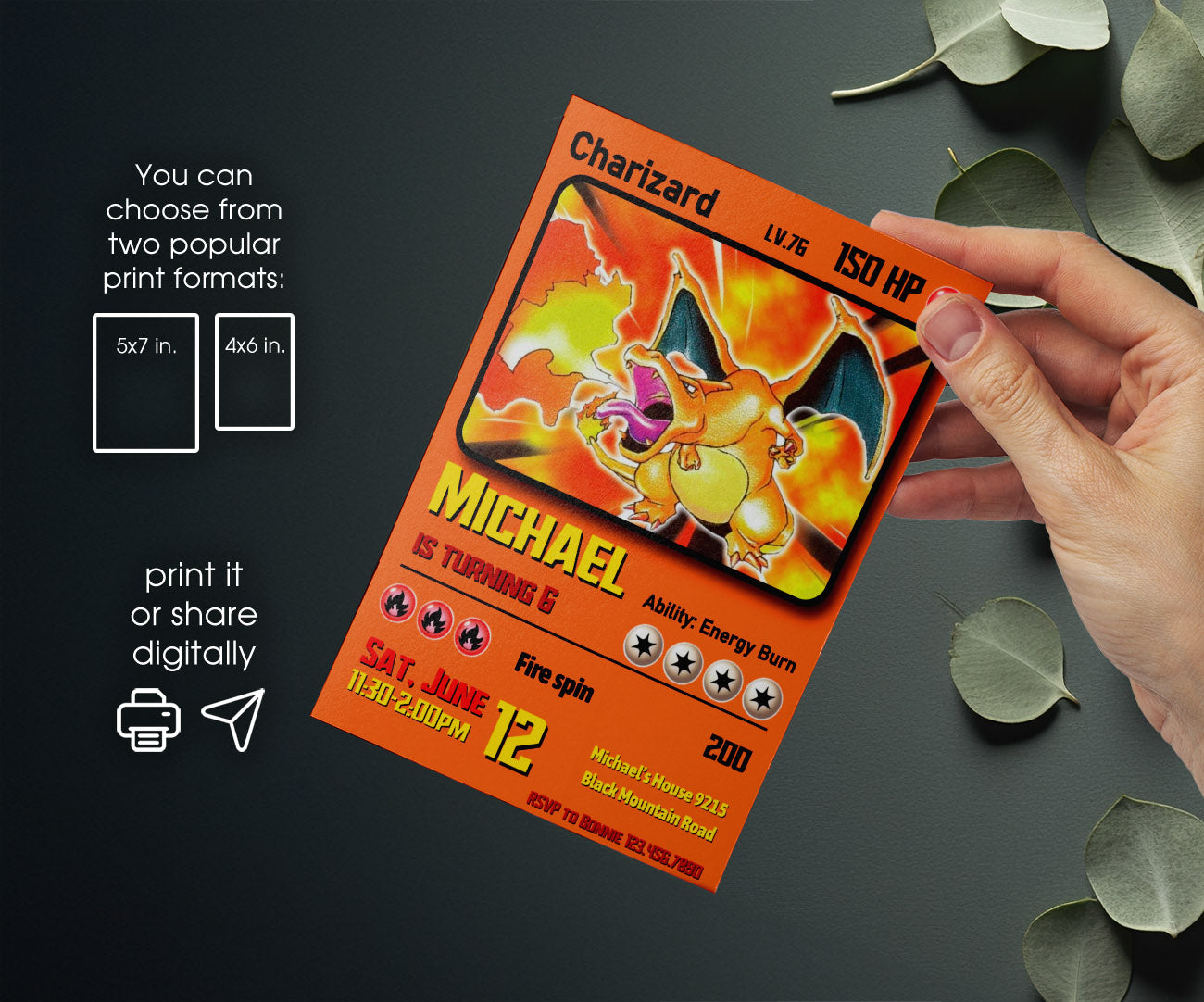 Charizard Pokemon Anime customizable invitation template | Share or Print | DB860