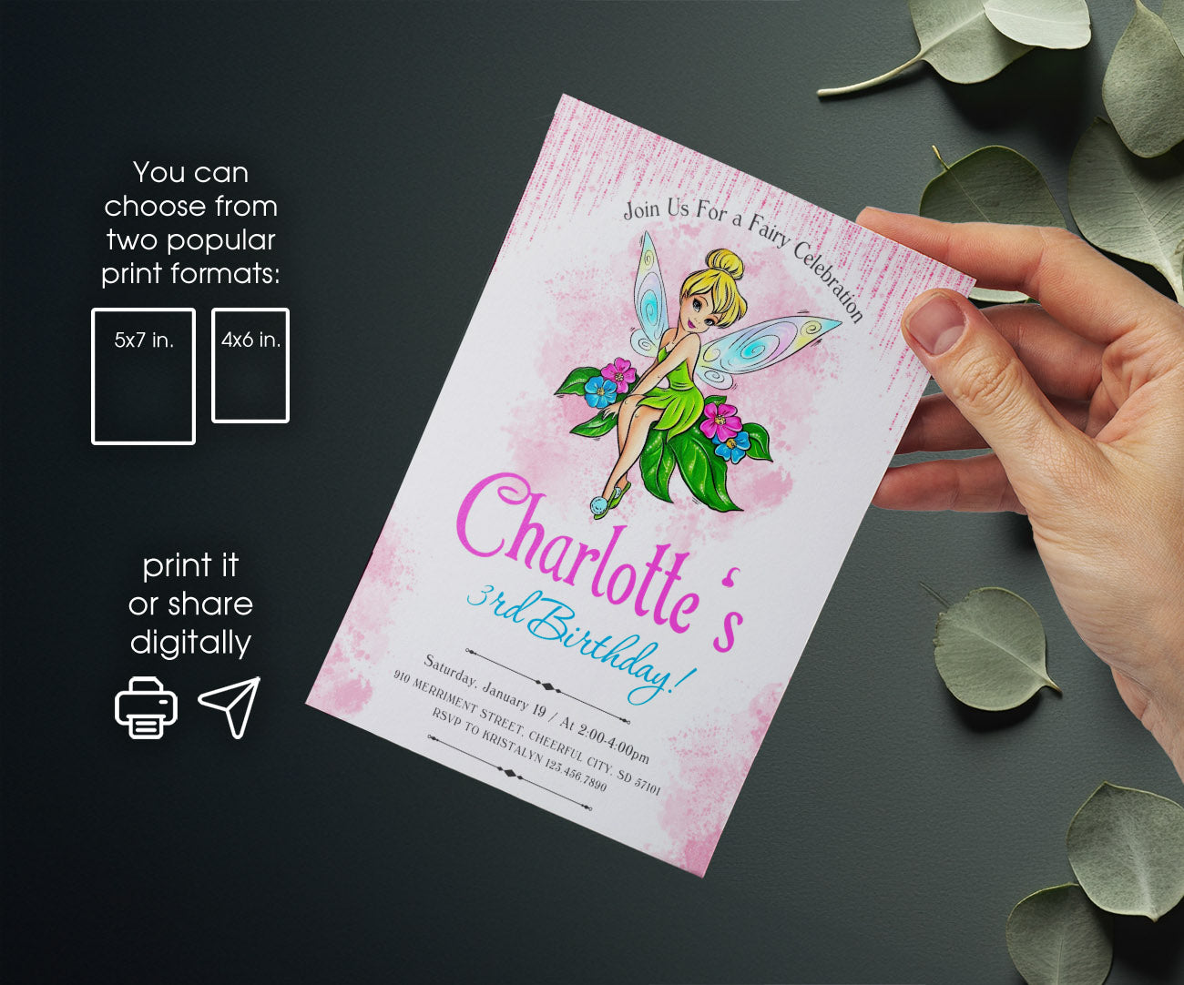 Tinker Bell Fairy Princess customizable invitation template | Share or Print | girl | OH962