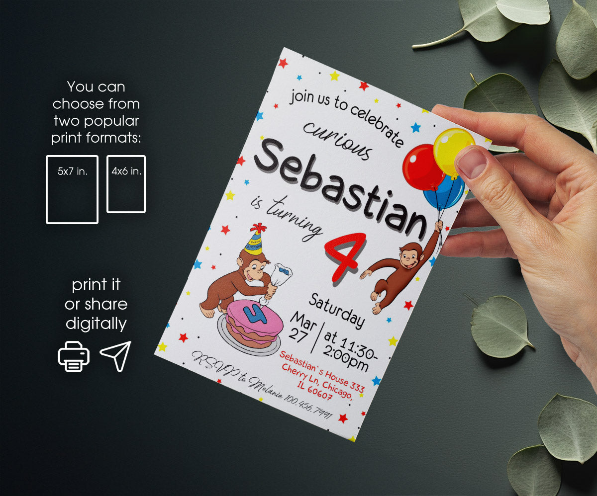 Curious George Monkey customizable invitation template | Share or Print | CD095