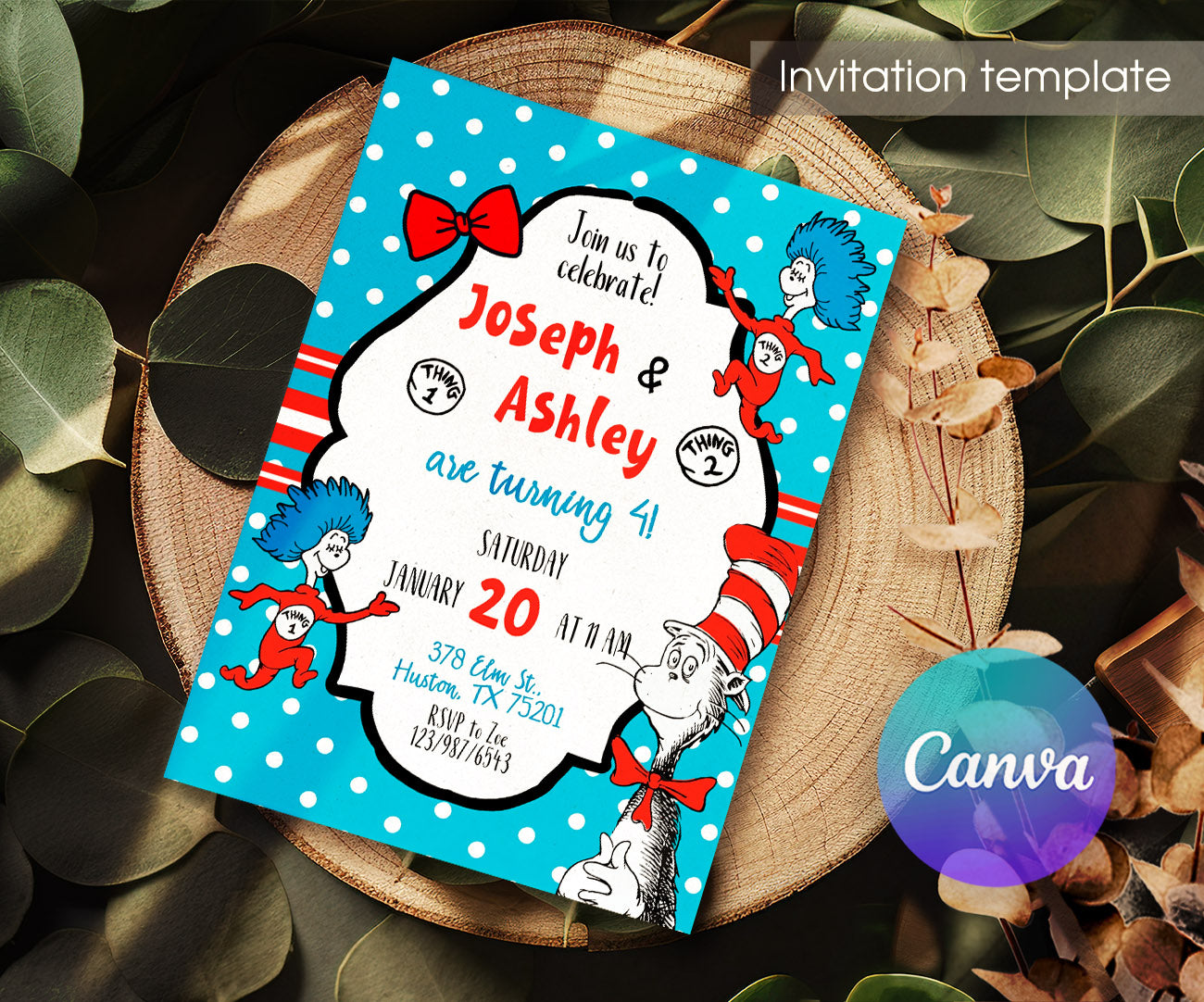 Dr Seuss The Cat in the Hat Twins customizable invitation template | Share or Print | KS530