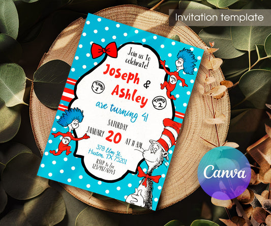 Dr Seuss The Cat in the Hat Twins customizable invitation template | Share or Print | KS530