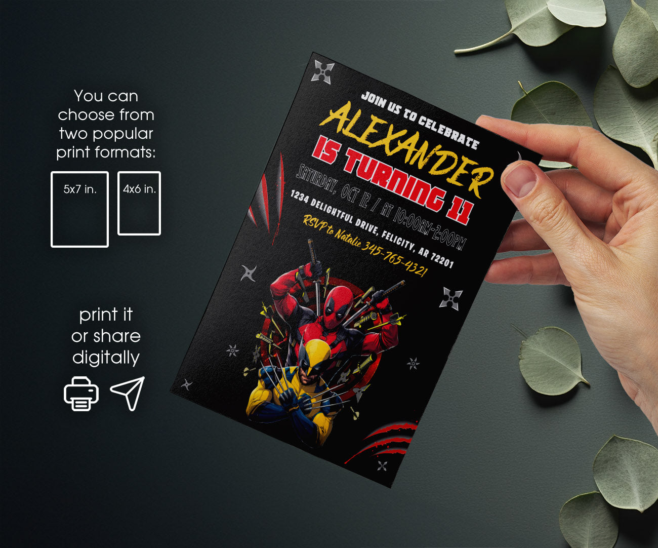 Deadpool Wolverine Marvel customizable invitation template | Share or Print | boy | DH775