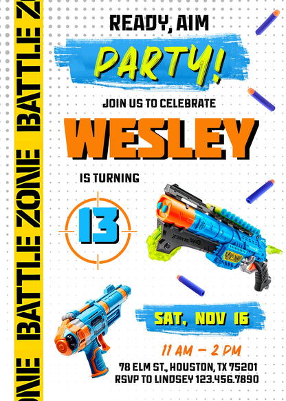 NERF Dart Wars customizable invitation template | Share or Print | boy | IL304