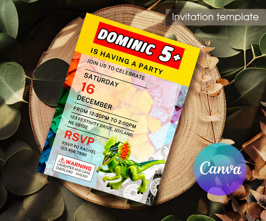 Lego Dinosaur T-Rex customizable invitation template | Share or Print | PB430