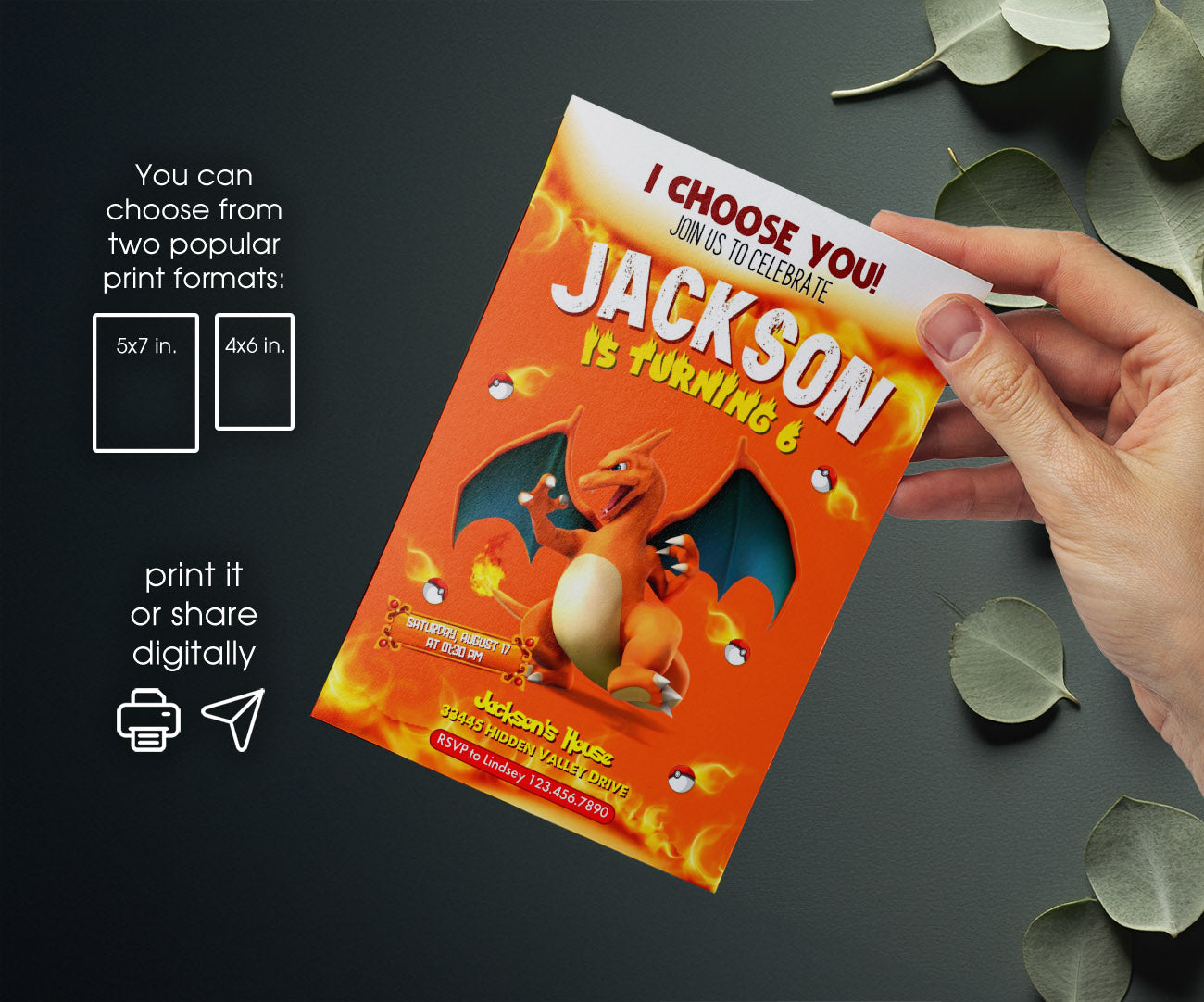 Charizard Pokemon Anime customizable invitation template | Share or Print | VF783