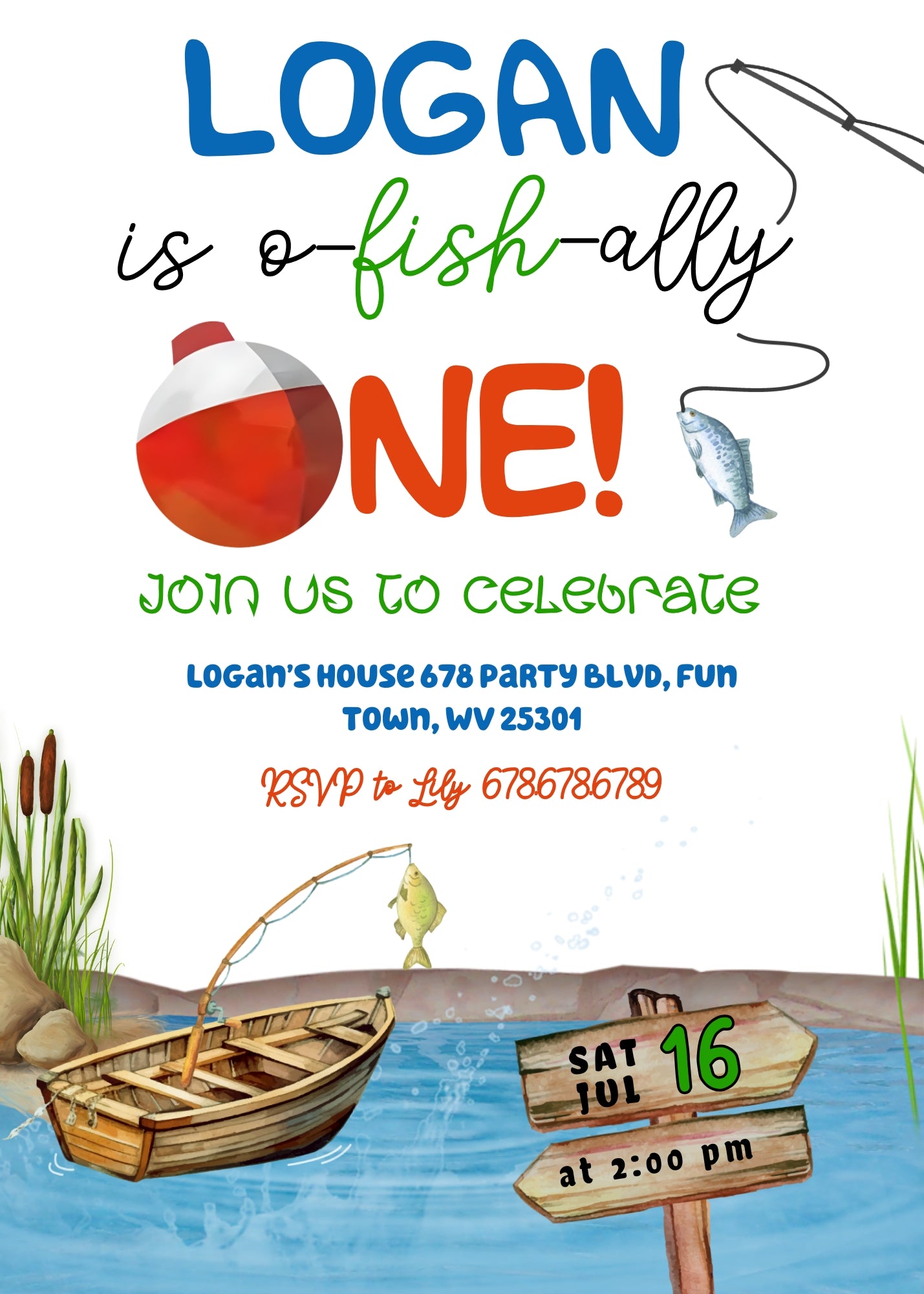 Fishing 1st O-Fish-Ally customizable invitation template | Share or Print | YP469