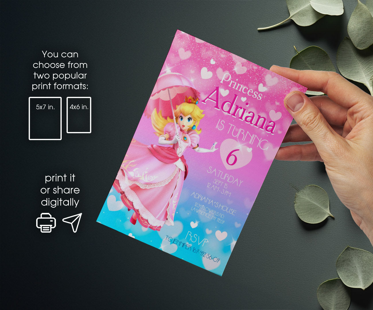 Super Mario Bros Princess Peach customizable invitation template | Share or Print | ZD818