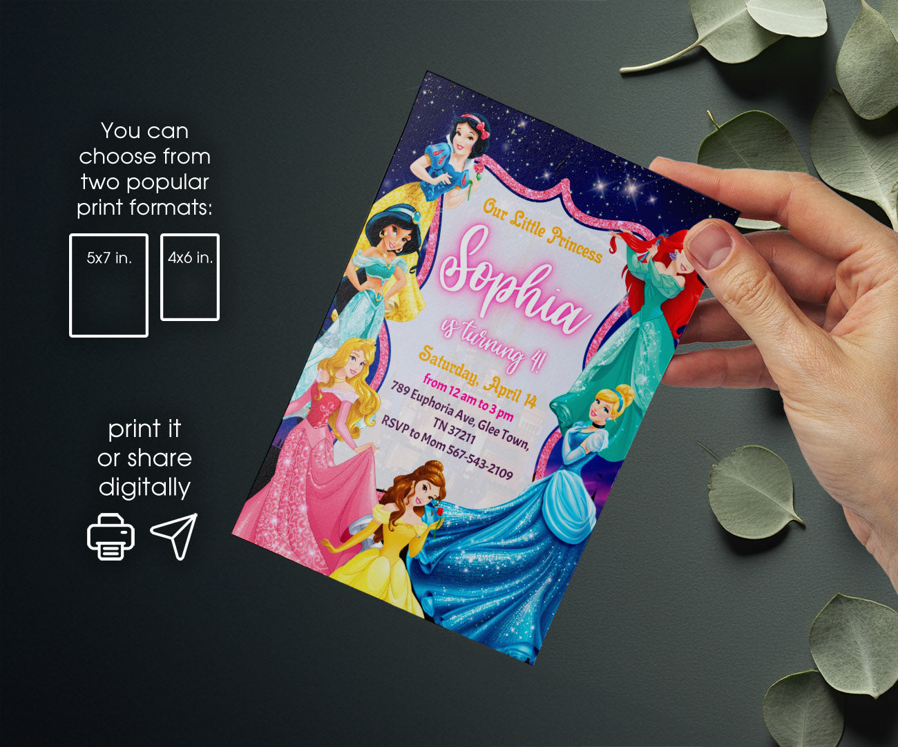 Disney Princess customizable invitation template | Share or Print | girl | WH788