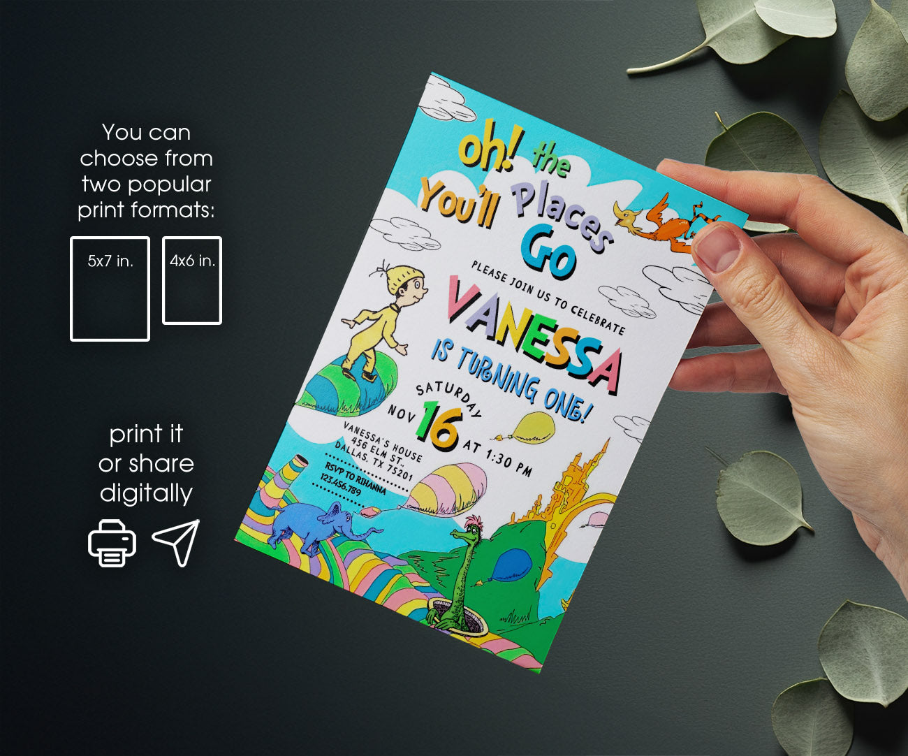 Dr Seuss Oh, the Places You'll Go customizable invitation template | Share or Print | ET139