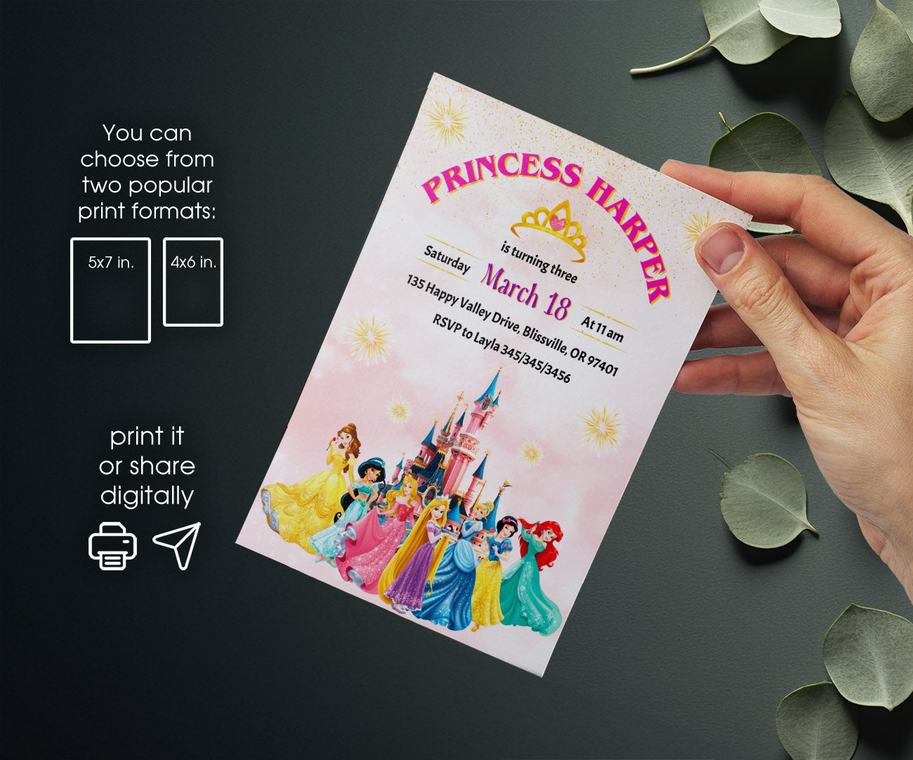 Disney Princess customizable invitation template | Share or Print | girl | CB450